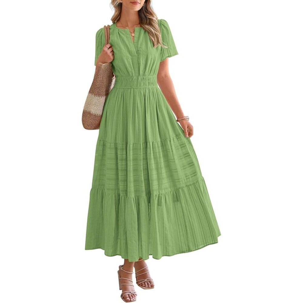 Women's Green V Neck Short Sleeve A Line Summer Casual Maxi Dresses Pockets